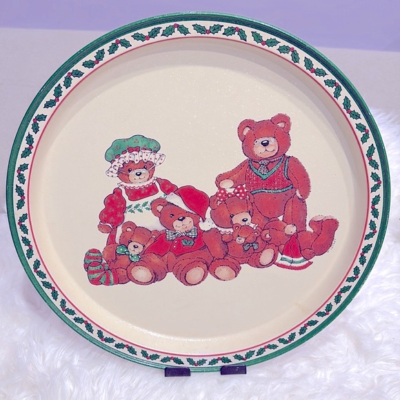 Vintage 1987 Polpourri Press Metal Christmas Holiday Tray Bear Family Cute Plate - Picture 1 of 8